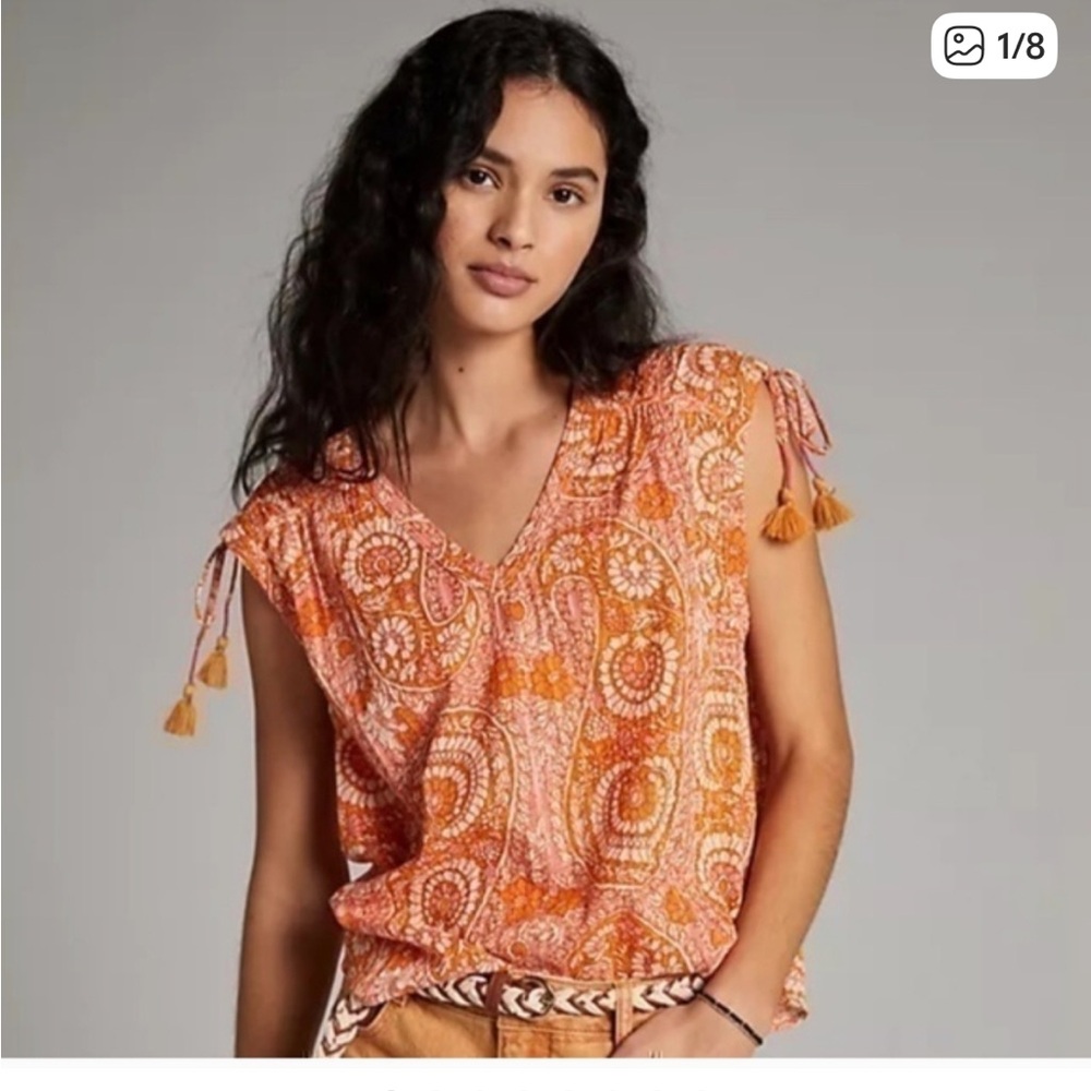 Anthropologie Orange and Pink Paisley w Gold Flecks Tie-Strap Camisole